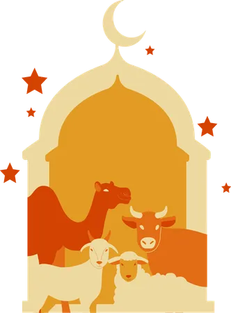 Four animals with mosque  Illustration