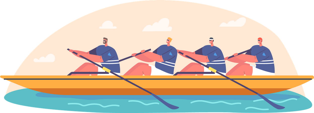 Four athletes taking part in rowing competition Illustration