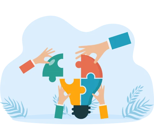 Four hands and electric light puzzle and teamwork  Illustration