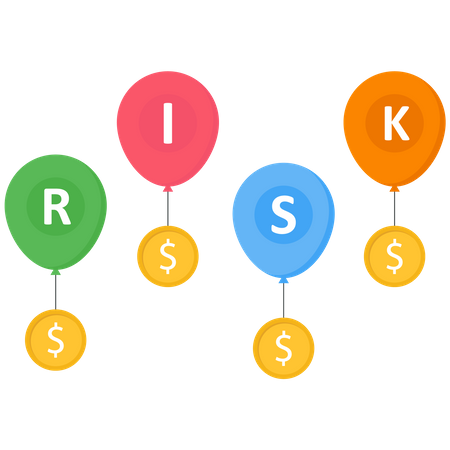 Four risky balloons flying into the sky with gold dollar coins tied up  Illustration