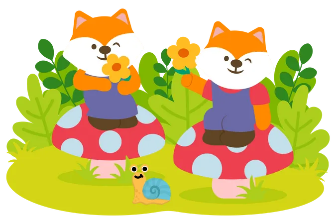 Fox Couple Happy To Admire The Flowers In Park Animal Cartoon Character Vector Illustration 일러스트레이션