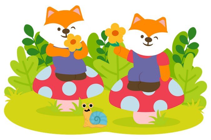 Fox couple enjoying flowers in park  Illustration