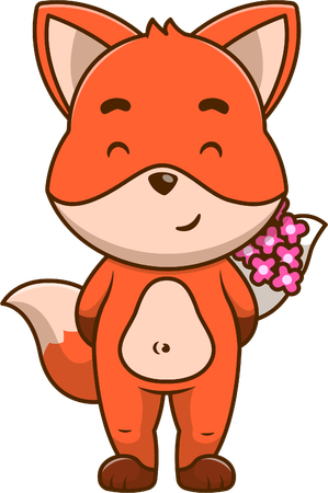 Fox Hiding Bouquet of Rose  Illustration