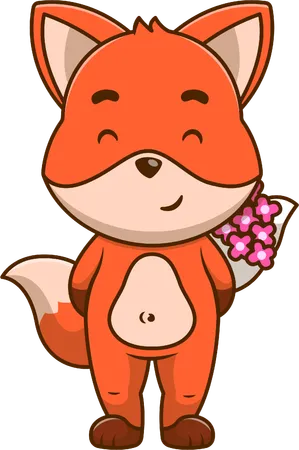 Fox Hiding Bouquet of Rose  Illustration