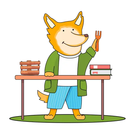 Fox playing with wooden fork Illustration
