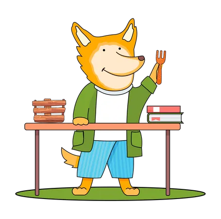 Fox playing with wooden fork  Illustration