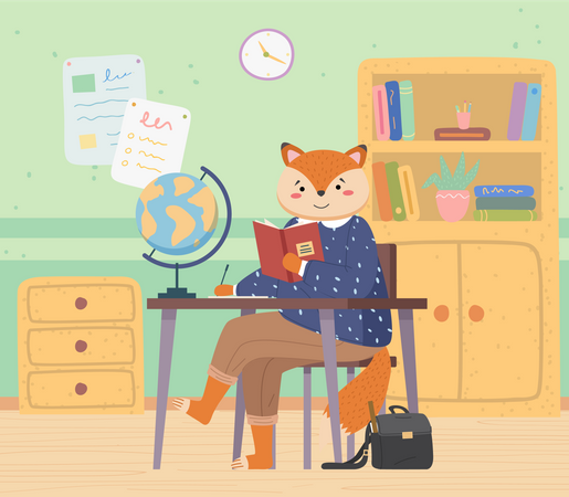 Fox schoolgirl with handbag sitting at a desk  Illustration