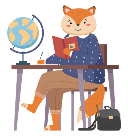 Fox sitting at table in geography class  Illustration