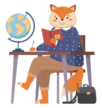 Funny Cartoon Animal Student Lovely Cute Fox Came To Study Sitting At A Table In Geography Class With Globe Makes Notes In A Notebook Back To School Concept Nice Fox In School Clothes Illustration