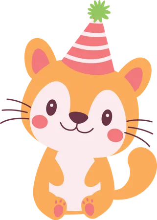 Fox wearing birthday hat  Illustration