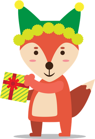 Fox with beanie on head receiving Christmas gift  Illustration