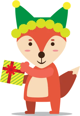 Fox with beanie on head receiving Christmas gift  Illustration