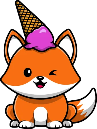 Fox With Ice Cream On Head  Illustration