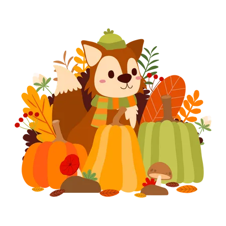 Fox with Pumpkin and leaves Illustration