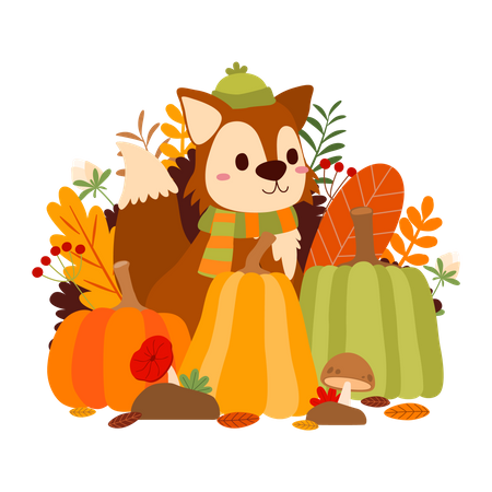 Fox with Pumpkin and leaves  Illustration