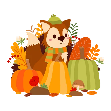 Fox with Pumpkin and leaves  Illustration