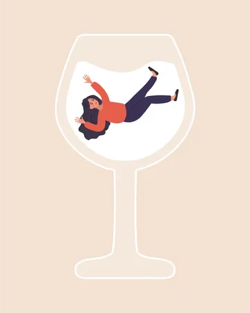 Female Alcoholism Drunk Woman Swimming In Glass Of Boozy People Suffering From Hard Drinking Addiction Disorder Vector Illustration In Flat Cartoon Style Illustration