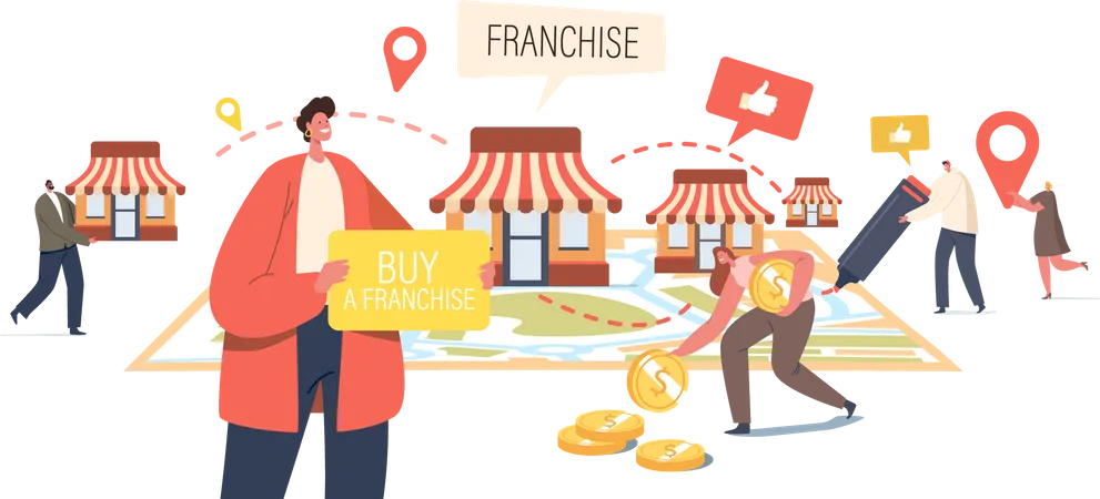 Franchise Business Concept Tiny Male And Female Characters Put Kiosks On Huge Map People Start Small Enterprise Company Or Shops With Home Office Corporate Headquarter Cartoon Vector Illustration Illustration