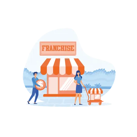 Franchise business composition with stores held by business people  Illustration
