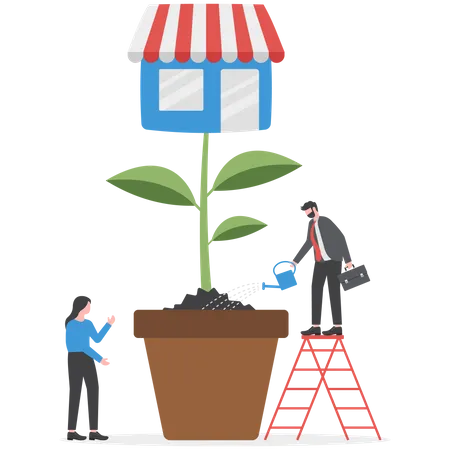 Franchise Shop Business With Growth Tree Real Estate Business Promotional SME Flat Vector Illustration Illustration