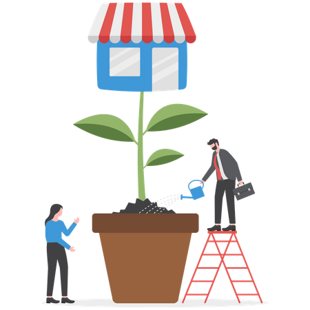 Franchise shop business with growth tree  Illustration