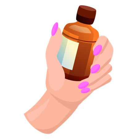Frasco de vidro com remédio marrom na mão de uma mulher  Ilustração