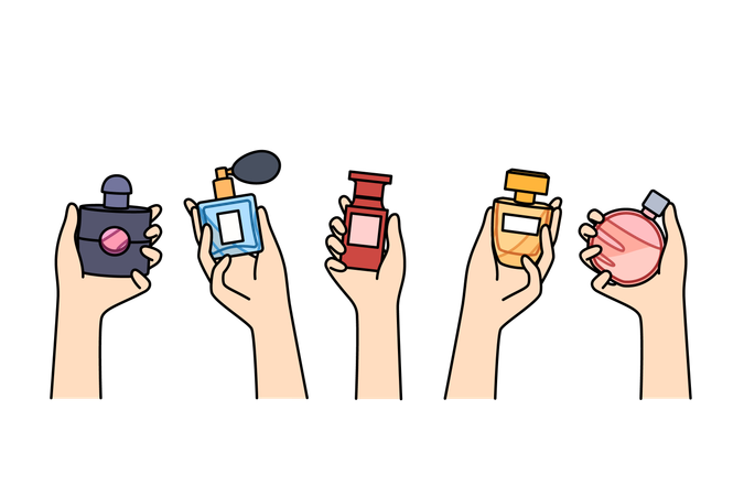 Frascos de perfume en manos de mujeres que eligen un nuevo aroma para crear el look deseado cuando van de fiesta  Ilustración