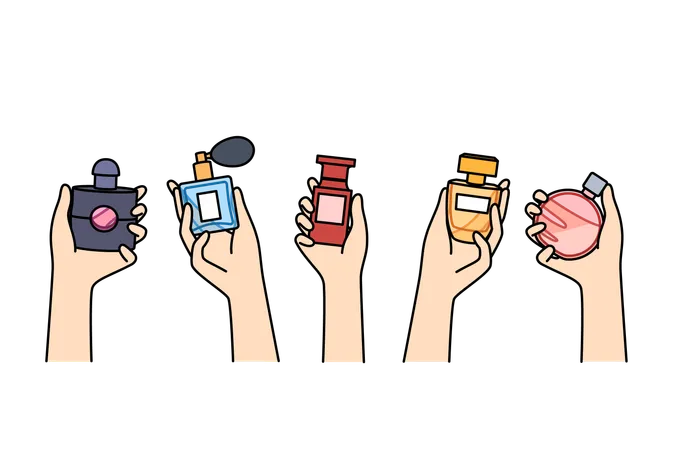 Frascos de perfume en manos de mujeres que eligen un nuevo aroma para crear el look deseado cuando van de fiesta  Ilustración