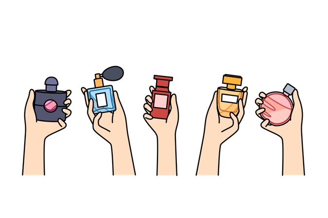 Frascos de perfume nas mãos de mulheres escolhendo um novo perfume para criar a aparência desejada na hora de ir à festa  Ilustração