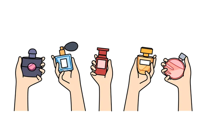 Frascos de perfume nas mãos de mulheres escolhendo um novo perfume para criar a aparência desejada na hora de ir à festa  Ilustração