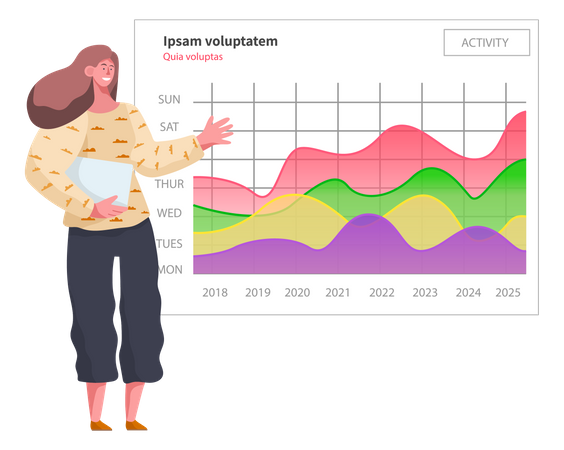 Frau analysiert digitale Statistiken und präsentiert Daten  Illustration