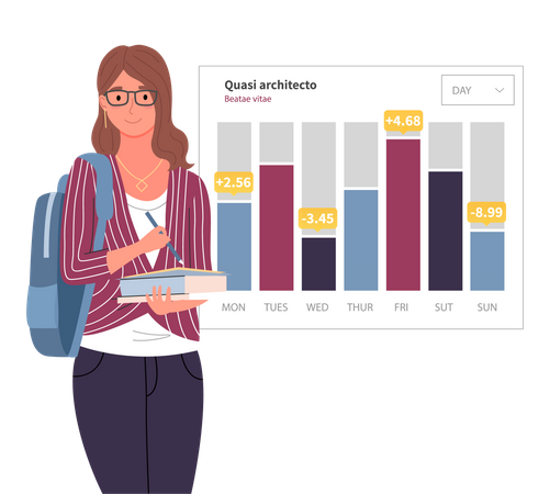 Frau analysiert digitalen Bericht mit Statistiken  Illustration