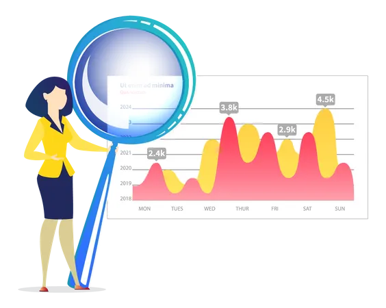 Frau analysiert digitalen Bericht mit Statistiken  Illustration