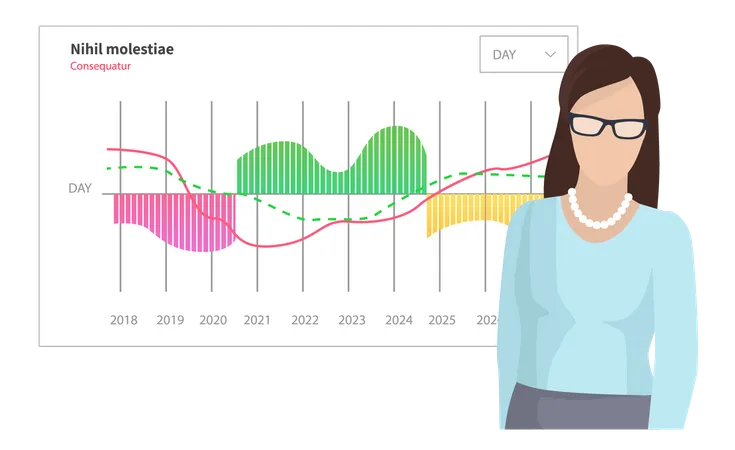 Frau analysiert digitalen Bericht mit statistischen Kennzahlen  Illustration