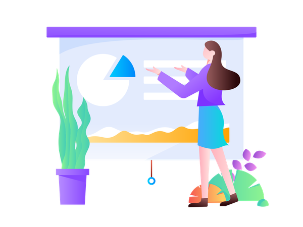 Frau analysiert Kreisdiagramm in Besprechung  Illustration