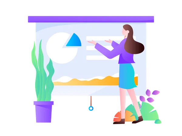 Frau analysiert Kreisdiagramm in Besprechung  Illustration