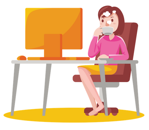 Frau arbeitet am Computer und trinkt Kaffee  Illustration