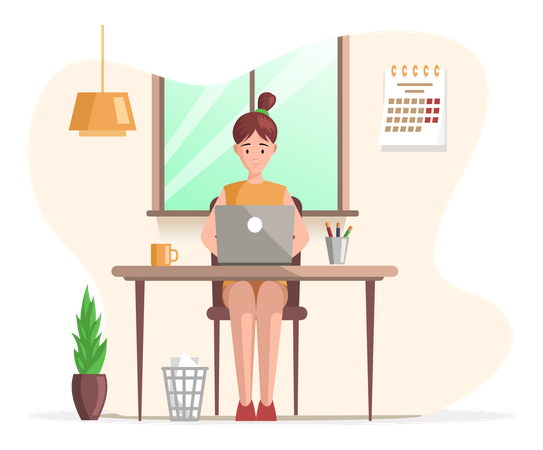 Frau arbeitet am Laptop auf dem Tisch  Illustration