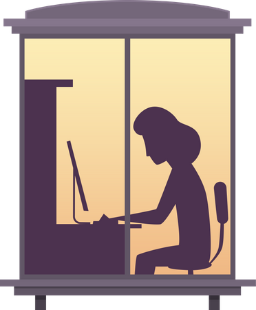 Frau arbeitet am Laptop, Blick aus dem Fenster  Illustration