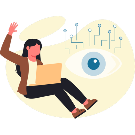 Frau arbeitet am Laptop und beobachtet dabei ein KI-Auge  Illustration