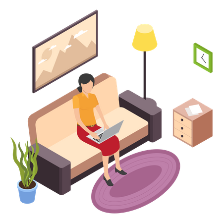 Frau arbeitet am Laptop und sitzt auf der Couch  Illustration