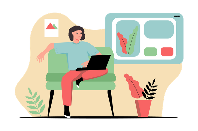 Frau sitzt auf der Couch und arbeitet am Laptop  Illustration