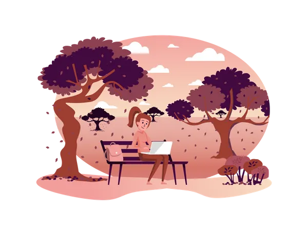 Frau sitzt im Park und arbeitet am Laptop  Illustration