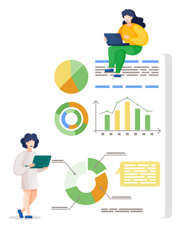 Frau arbeitet an Analyseberichten eines Projekts  Illustration