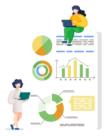 Frau arbeitet an Analyseberichten eines Projekts  Illustration