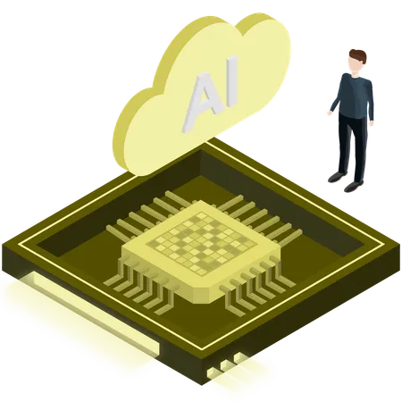 Frau arbeitet an Cloud-basiertem KI-Chip  Illustration