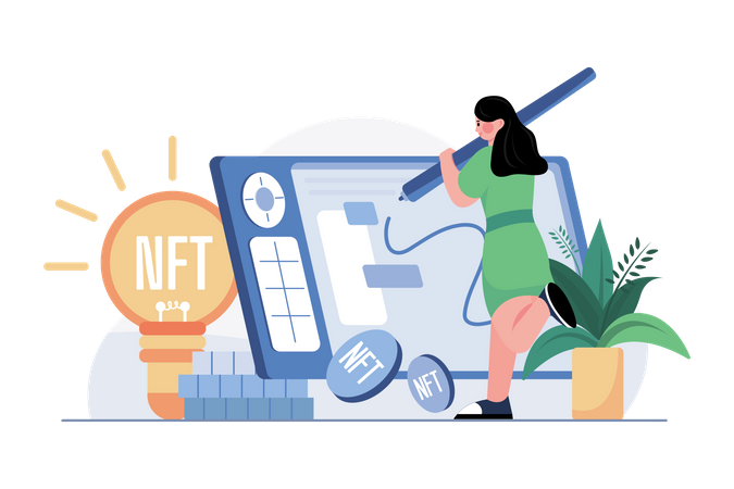 Frau arbeitet an NFT  Illustration