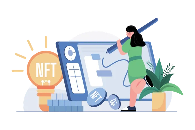 Frau arbeitet an NFT  Illustration