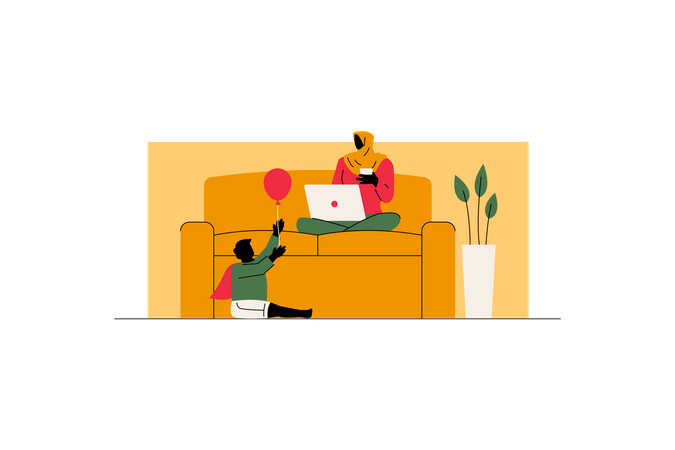 Frau arbeitet auf dem Sofa und ihr Kind spielt auf dem Boden  Illustration