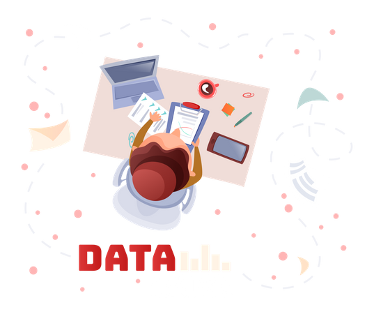 Frau arbeitet bei der Arbeit an der Datenanalyse  Illustration